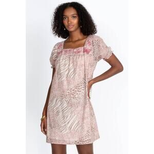 Johnny Was Jayla Square Neck Park Dress Size XL Pink Animal Print Embroidered